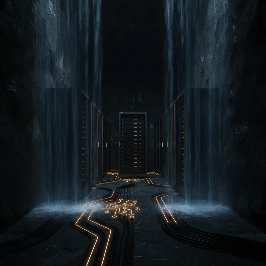 Illustration eines Serverraums hinter einem Wasserfall